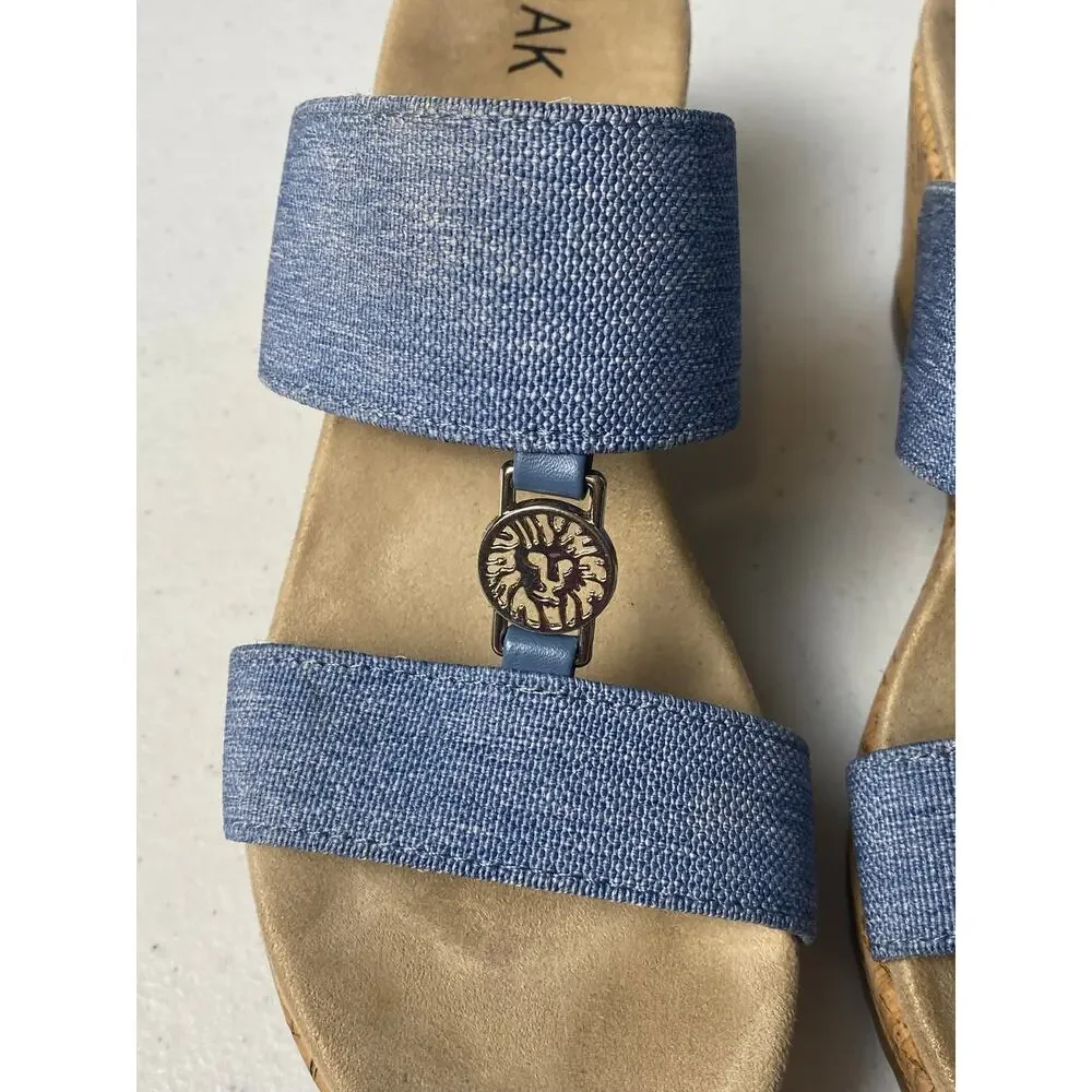 Anne Klein Reese Blue Canvas Wedge Cork Sandals Women's Size 7